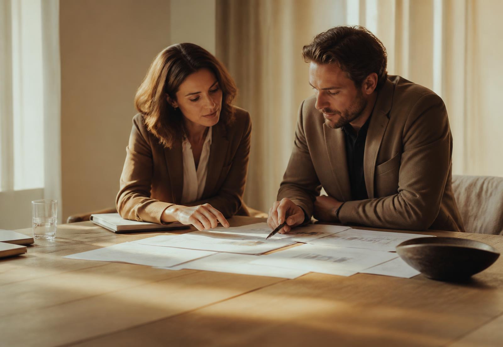 Two Northbridge advisors reviewing printed margin analyses at a client's table