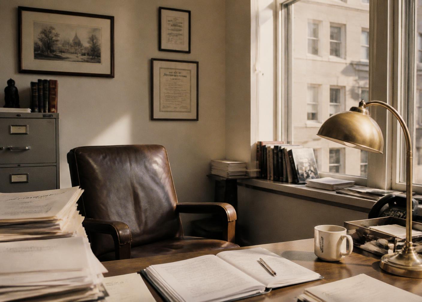 The Northbridge office in Kolkata: leather chair, paper reports and a brass desk lamp